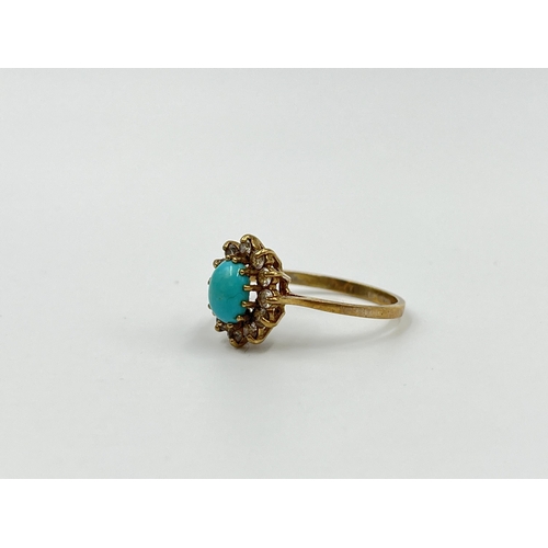 1153 - A hallmarked Sheffield 9ct gold turquoise and clear gemstone ring, size P - approx. gross weight 1.9... 