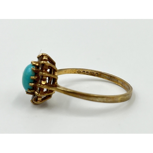 1153 - A hallmarked Sheffield 9ct gold turquoise and clear gemstone ring, size P - approx. gross weight 1.9... 