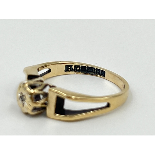 1154 - A hallmarked Birmingham 9ct gold open shouldered diamond solitaire ring, size M - approx. gross weig... 