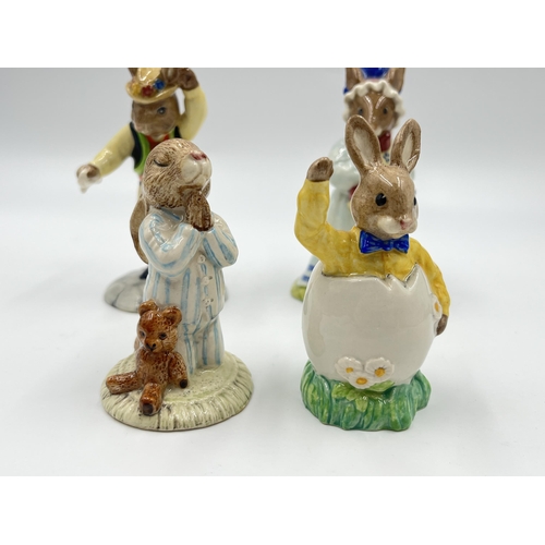 260 - Six Royal Doulton Bunnykins figurines to include Morris Dancer Bunnykins DB204, Bathtime Bunnykins D... 