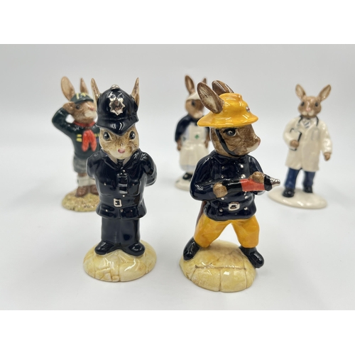 262 - Five Royal Doulton Bunnykins figurines to include Doctor Bunnykins DB181, Policeman Bunnykins DB64, ... 