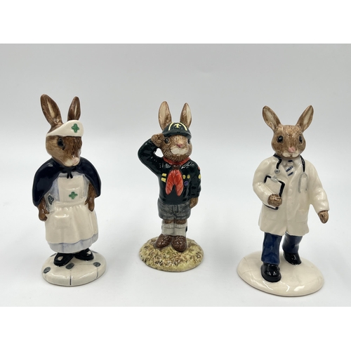 262 - Five Royal Doulton Bunnykins figurines to include Doctor Bunnykins DB181, Policeman Bunnykins DB64, ... 