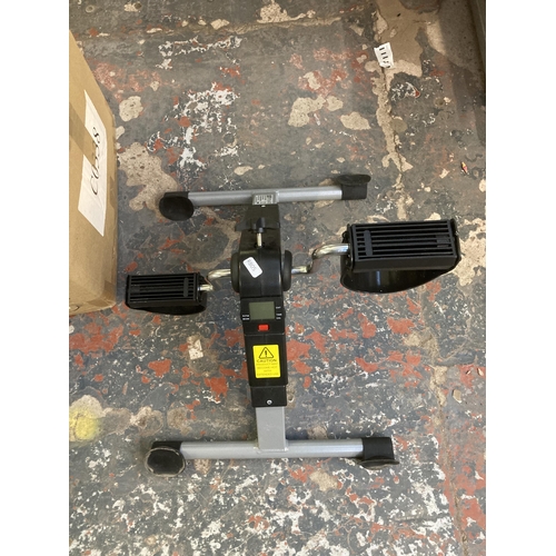 A box containing white metal serving tray, Mitre Pro Inflator 240v air ...