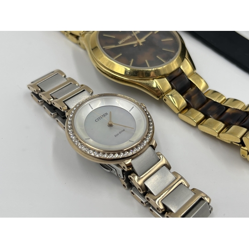 1197 - Four quartz wristwatches, Citizen Eco-Drive ladies, Superdry, Michael Kors and Gold Digga