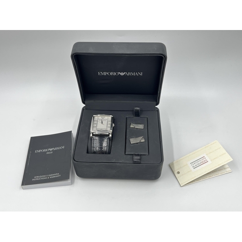 1204 - A boxed Emporio Armani AR-8010 quartz 34mm men's tank wristwatch with pair of cufflinks, instruction... 