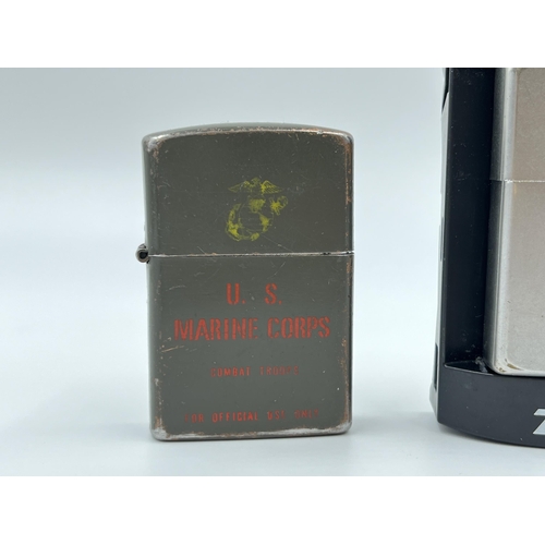 1265 - Three cigarette lighters, two Zippo and one U.S Marine Corps