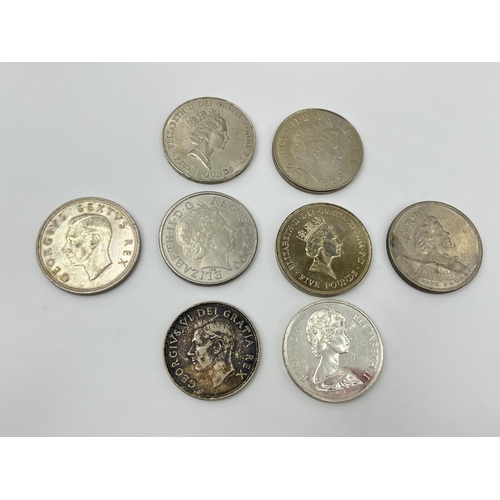 1277 - Eight large coins, one .500 silver 1951 South African 5 shillings, one .800 silver Canadian dollar, ... 