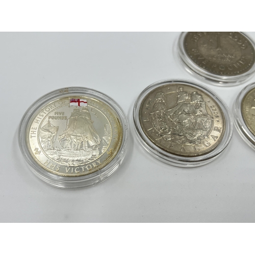 1282 - Five Queen Elizabeth II five pound coins to include 2004 HMS Victory .925 silver proof etc.