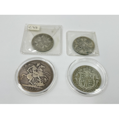 1292 - Four British coins, one 1889 Queen Victoria .925 silver crown, one 1920 George V half crown, one 192... 