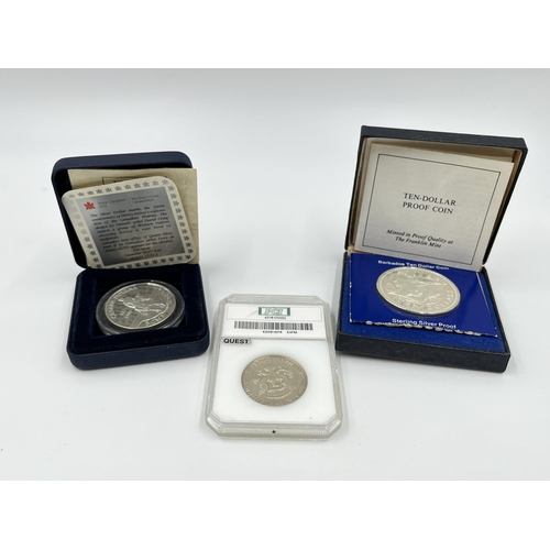 1293 - Three silver coins, one Franklin Mint Barbados proof ten dollar coin, one 1998 .500 silver Canada do... 