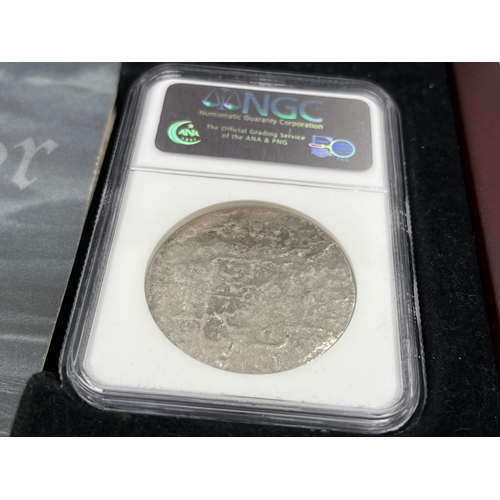 1299 - A boxed and sealed Carolus III (Charles III of Spain) eight reales .925 silver coin recovered from t... 