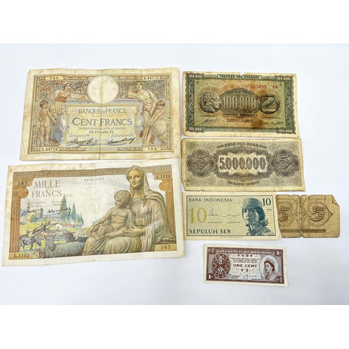 1301 - Seven world wide bank notes to include 1934 100 Francs, 1942 1,000 Francs, 1944 100,000 and 5,000,00... 