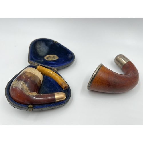 1304 - Two antique smoking pipes, one Karoo calabash pipe with hallmarked Birmingham silver collar and top ... 