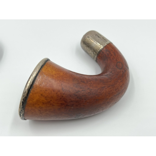 1304 - Two antique smoking pipes, one Karoo calabash pipe with hallmarked Birmingham silver collar and top ... 