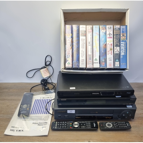 544 - Four items, one Crown VCR, one HUMAX Freesat+ set top box, one Phillips DVD player and one box conta... 