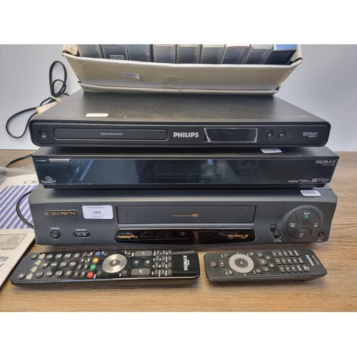 544 - Four items, one Crown VCR, one HUMAX Freesat+ set top box, one Phillips DVD player and one box conta... 