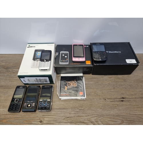 561 - Three boxed and three loose mobile phones to include 
Blackberry curve 8520, LG KP501, Sony Ericson ... 