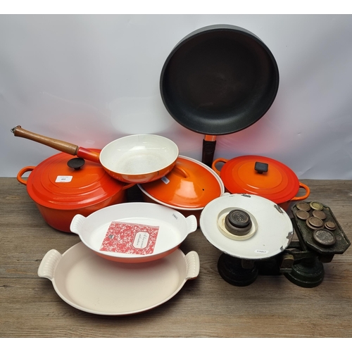 653 - A collection of quality kitchen items to include Le Creuset, Cousances, SKK Titanium etc.