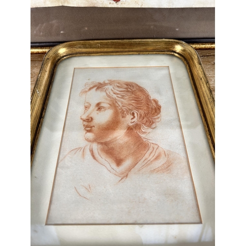 190 - Two gilt framed items, one mid 18th century indenture and one early 20th century portrait of a femal... 