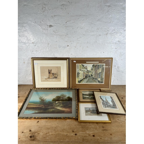 195 - Six framed pictures, four pencil signed limited edition prints, one pastel of a Cornish street scene... 