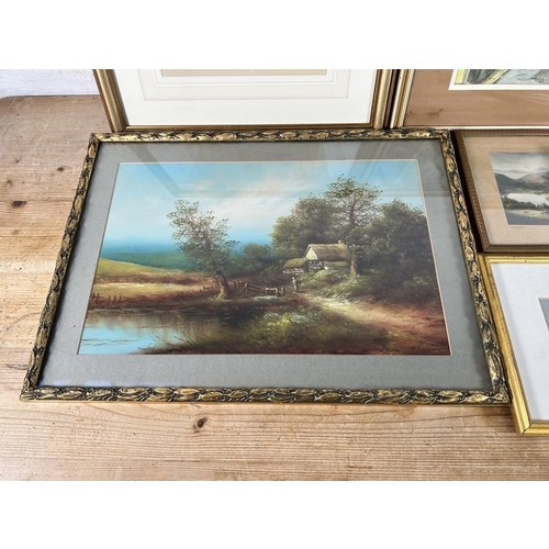 195 - Six framed pictures, four pencil signed limited edition prints, one pastel of a Cornish street scene... 