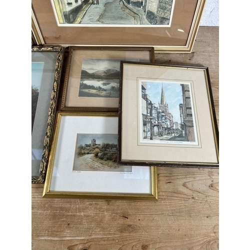 195 - Six framed pictures, four pencil signed limited edition prints, one pastel of a Cornish street scene... 