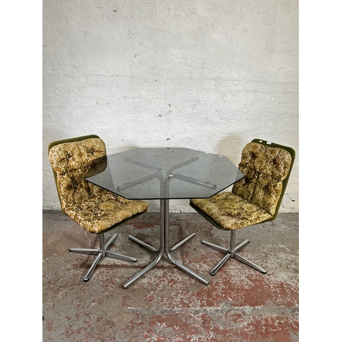 114 - Three pieces of 1970s furniture, pair of Peak green fabric upholstered dining chairs and chrome plat... 