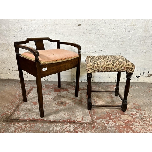 12 - Two vintage stools, one beech and pink fabric upholstered piano stool and one oak and tapestry uphol... 
