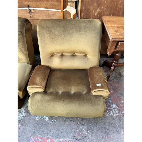 72 - A mid 20th century green fabric upholstered two piece lounge suite comprising modular four seater so... 