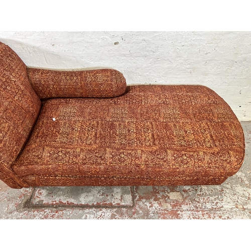 80 - A Victorian style fabric upholstered chaise longue with turned hardwood supports and brass castors -... 