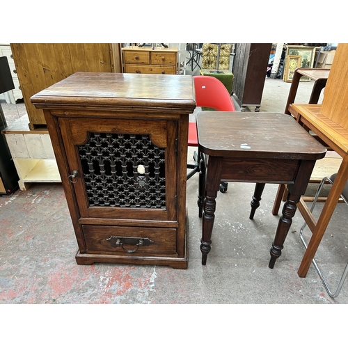 90 - Two pieces of furniture, one Victorian style pine square occasional table with turned supports - app... 