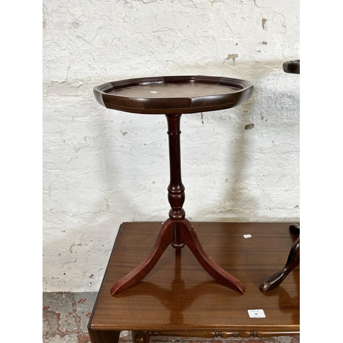 96 - Three pieces of mahogany furniture, two tripod pedestal wine tables and one rectangular drop leaf ly... 