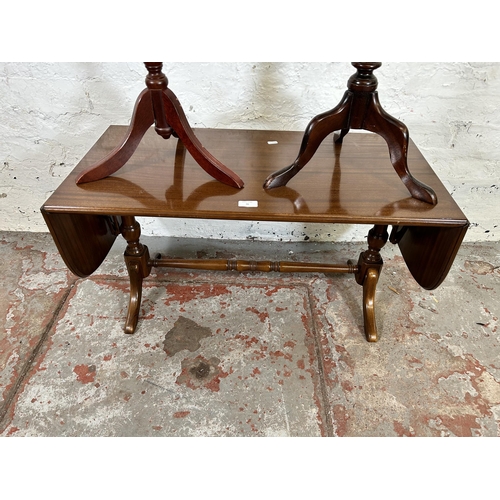 96 - Three pieces of mahogany furniture, two tripod pedestal wine tables and one rectangular drop leaf ly... 