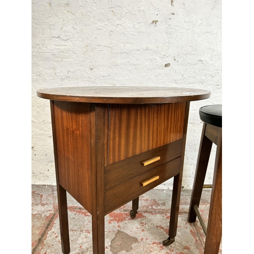 46 - Two pieces of furniture, one mid 20th century mahogany sewing table with two drawers and fitted inte... 