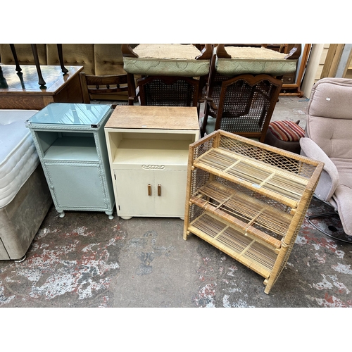 47 - Three pieces of vintage furniture, wicker three tier shelving unit, Jentique painted oak two door ca... 