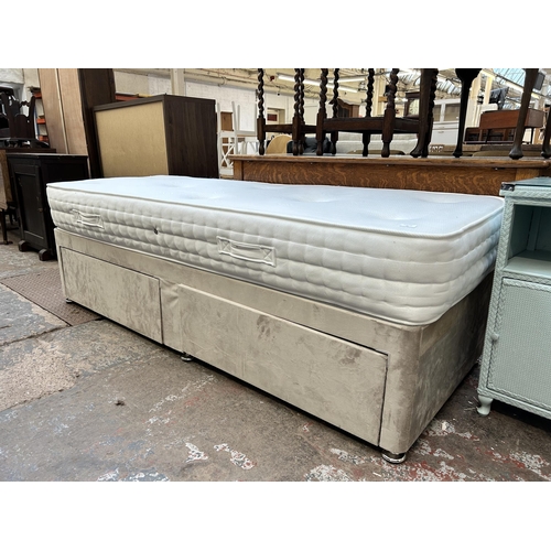 48 - A modern silver crushed velvet single Divan bed with two drawers and mattress