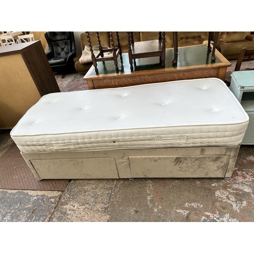 48 - A modern silver crushed velvet single Divan bed with two drawers and mattress