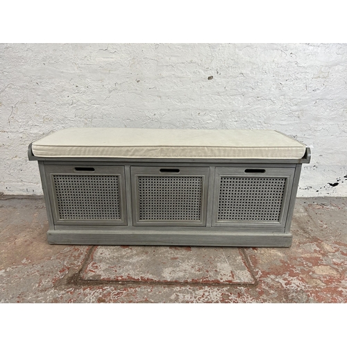 65 - A modern grey painted storage bench with three drawers and cushion - approx. 51cm high x 121cm wide ... 