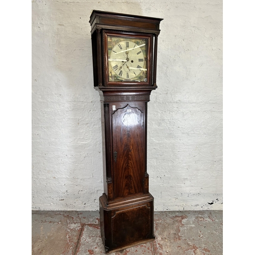 128 - A George III mahogany cased grandfather clock with hand painted enamel face, key, pendulum and weigh... 