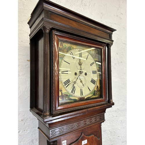 128 - A George III mahogany cased grandfather clock with hand painted enamel face, key, pendulum and weigh... 
