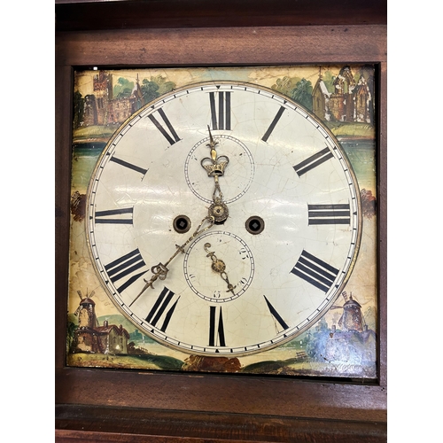 128 - A George III mahogany cased grandfather clock with hand painted enamel face, key, pendulum and weigh... 