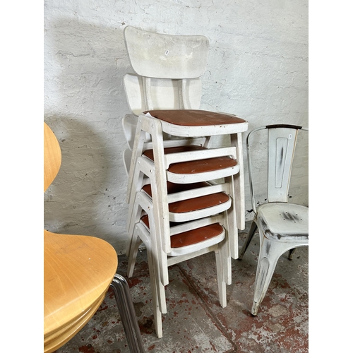 142 - Nine occasional chairs, four white painted and red vinyl stacking, four Julian Bowen bentwood stacki... 