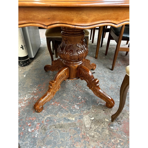 157 - A Sorrento style inlaid walnut effect circular pedestal dining table and four Victorian style beech ... 