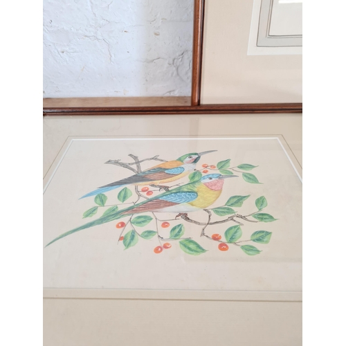 174 - Three framed bird paintings on silk - largest approx. 49cm high x 36cm wide