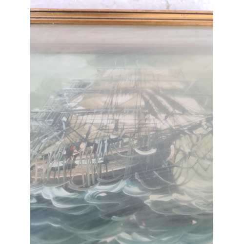 182 - A framed oil on canvas of a sailing ship signed lower left - approx. 42cm high x 52cm wide