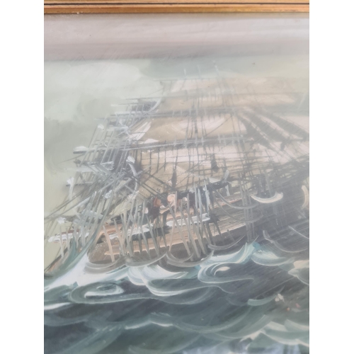 182 - A framed oil on canvas of a sailing ship signed lower left - approx. 42cm high x 52cm wide