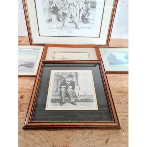 185 - Five framed pictures to include Richard Hyland 'Little Rascals' limited edition no. 46 of 850 pencil... 