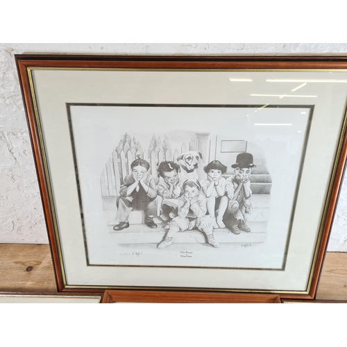 185 - Five framed pictures to include Richard Hyland 'Little Rascals' limited edition no. 46 of 850 pencil... 