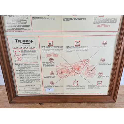 191 - Two vintage motorcycle lubrication charts in wooden frame, one BSA and one Triumph - approx. 68cm hi... 