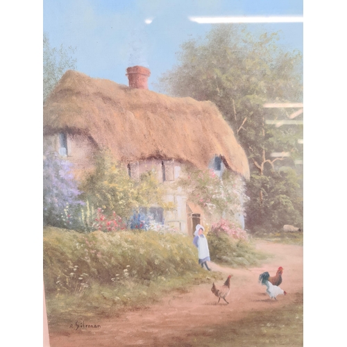 195A - A framed Raymond Gilronan oil painting of a cottage scene - approx. 54cm high x 60cm wide